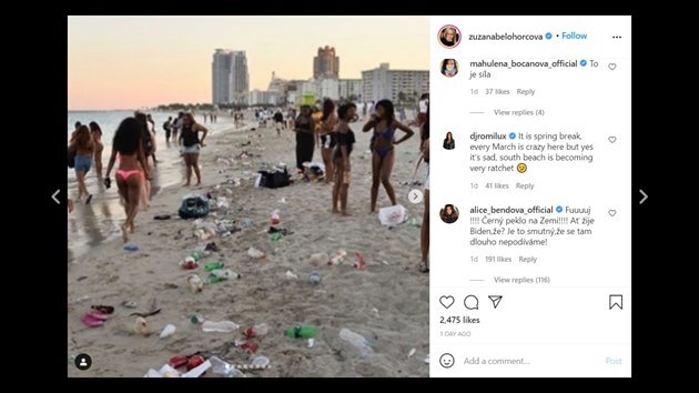 Alice Bendov okomentovala na Instagramu fotku a videa z pli v Miami, obvinili ji z rasismu (2021)