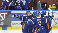 Hokejisté Litoměřic se radují z gólu proti Jihlavě.