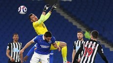 Martin Dúbravka, branká Newcastlu, zasahuje v utkání proti Brightonu.