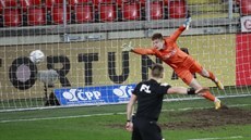 Opavský branká� Tomá� Diga�a se marn� natahuje po st�ele slávisty Nicolae...