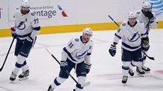 Victor Hedman (zleva), Steven Stamkos (91), Ondej Palát (18) a Alex Killorn...