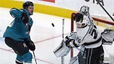 Tomá Hertl (vlevo) ze San Jose a Sean Walker z Los Angeles sledují, kam...