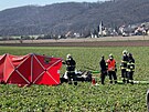 Na pole u Dobichovic se zítil vrtulník, pád nepeili dva lidé. (30.3.2021)