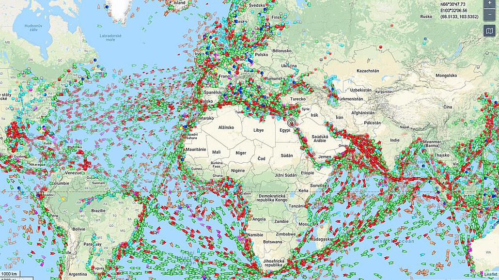 Námořní doprava podle aplikace MarineTraffic