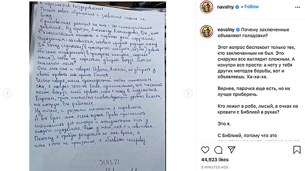 Run psan vyjden ruskho opozinho pedka Alexeje Navalnho, e vyhlauje hladovku. Sna se tak pimt sprvu vzen, kde pobv, aby mu umonila adekvtn lkaskou pi. (31. bezna 2021)