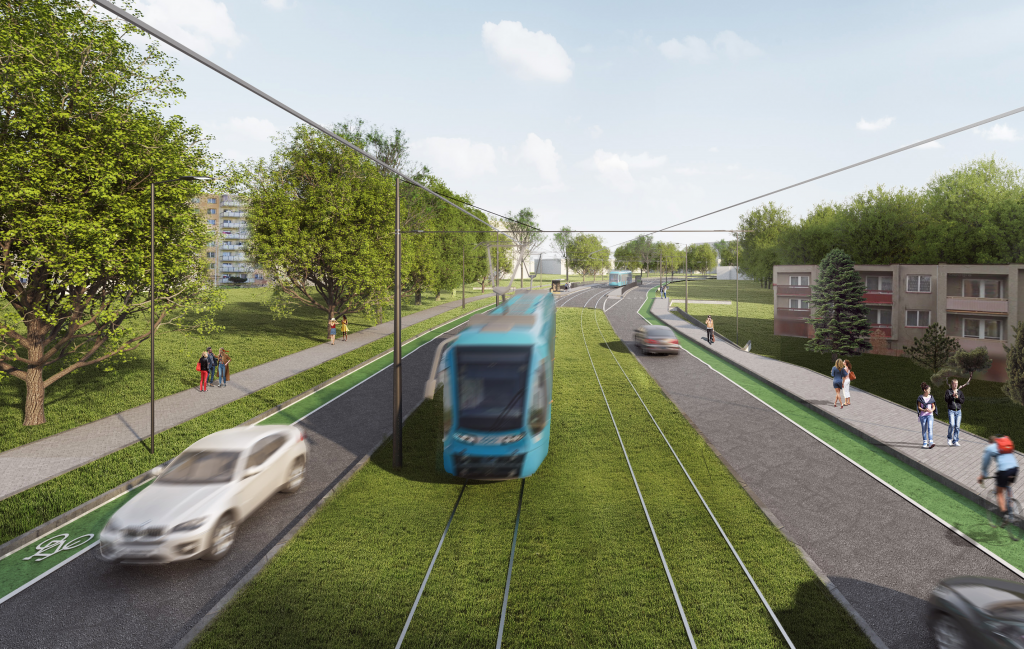 Vizualizace �ásti nové tramvajové trati v Ostrav�-Porub�