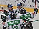 Hokejisté Mladé Boleslavi oslavují gól, který vstelil Maris Bicevskis.