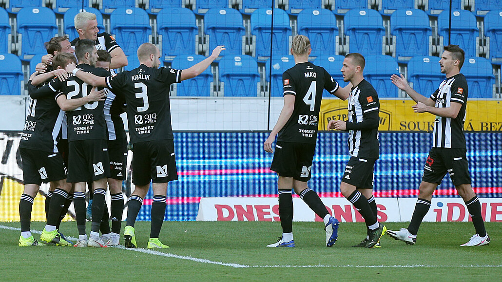 Fotbalisté �eských Bud�jovic se radují z gólu.