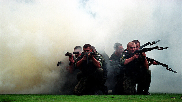 Elitní polští výsadkáři z Bialsko-Bialej na Dnu NATO 2002 na ostravské Černé louce v centru města