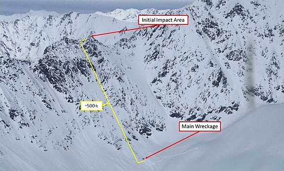 Na fotce lze vidt, kde vrtulník narazil do hory poblí ledovce Knik, a poté se...