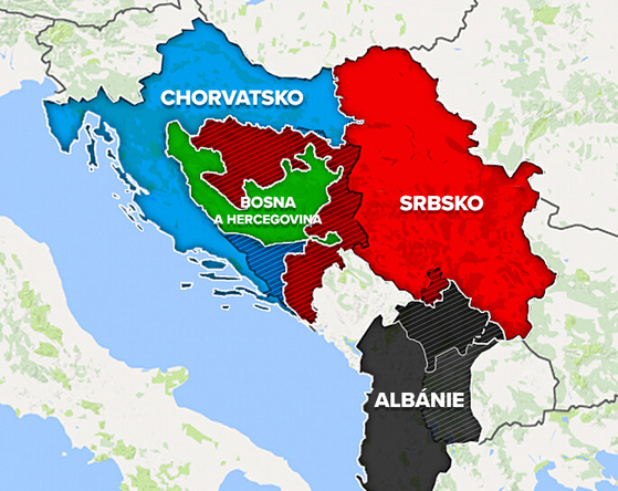 Nová mapa západního Balkánu podle neoficiálních návrh. (16. dubna 2021)