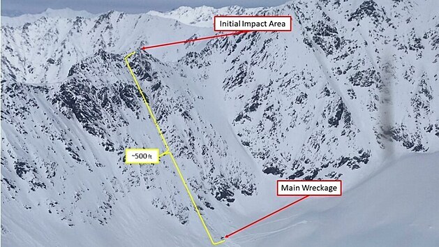 Na fotce lze vidt, kde vrtulnk narazil do hory pobl ledovce Knik, a pot se ztil nkolik set metr po svahu dol.
