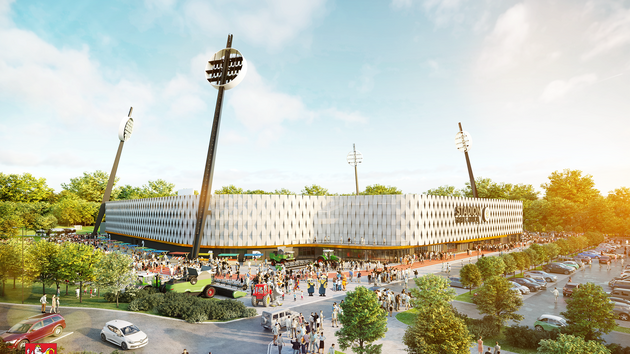 Vizualizace nového multifunkčního stadionu podle návrhu architekta Tomáše Vymetálka.