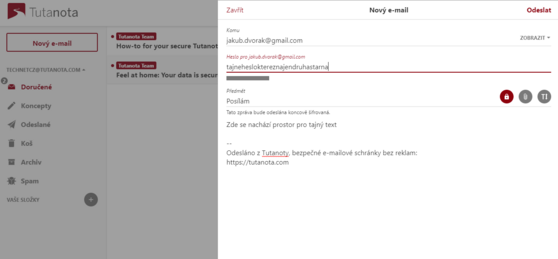 Ukázka tvorby e-mailu (Tutanota)