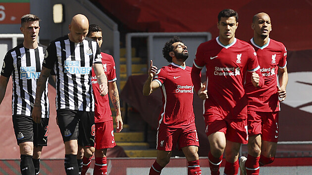 Mohamed Salah z Liverpoolu oslavuje svj gl proti Newcastlu.