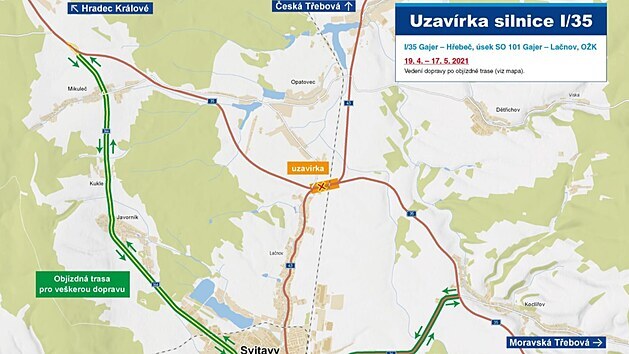 Uzavrka spolu s objzdnou trasou, jak o n informovalo SD. Ve skutenosti je 600 metr dlouh sek mezi silnicemi I/43 na Svitavy a Lankroun po hlavnm tahu prjezdn.