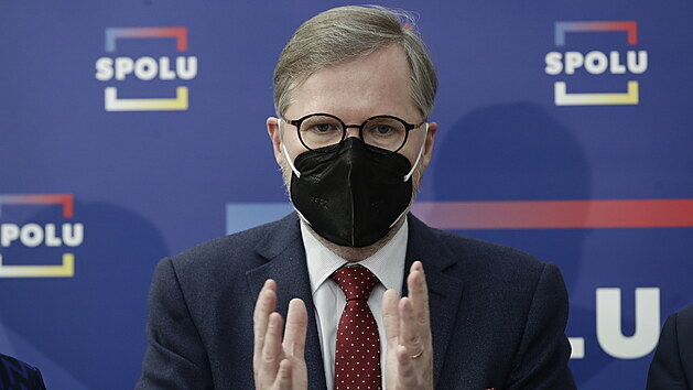 Předseda ODS Petr Fiala promluvil na tiskové konferenci koalice Spolu. (27. dubna 2021)