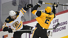 John Marino z Pittsburghu (vpravo) se u mantinelu sráí s Taylorem Hallem z...