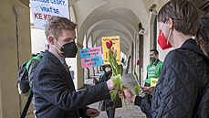 Iniciativa Jsme fér rozdávala ped schzí Snmovny ervené tulipány. Poslanci...