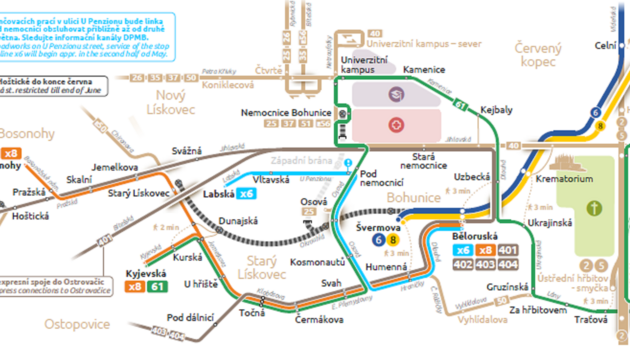 Mapa výluk a náhradních spojů na linkách 6 a 8. (30. dubna 2021)