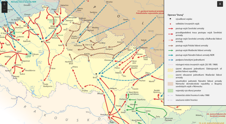 Mapa invaze vojsk zemí Varavské smlouvy do spojeneckého eskoslovenska v roce...