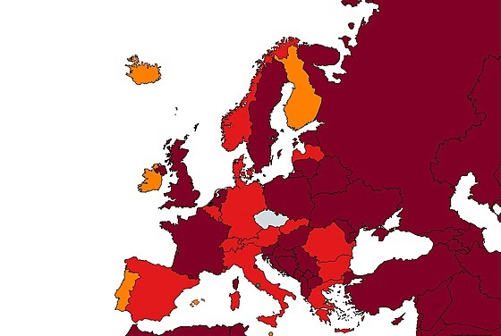Mapa seznamu zemi podle míry rizika nákazy od 26. dubna 2021