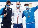 Ti nejlepí z mistrovství Evropy ve vodním slalomu: zleva druhý Giovanni De...