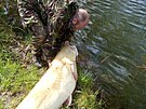 Trofejního sumce albína vytáhl ze trkovit v Otrokovicích rybá David Kruml.