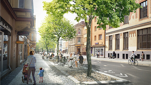 První návrh Pařížské ulice v centru Ústí se stromy a
lavičkami. Dnes tu parkují auta.
