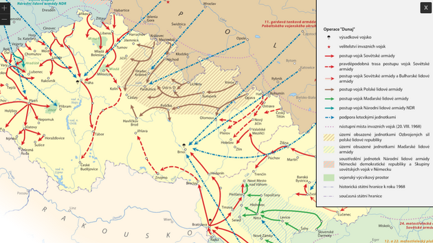 Mapa invaze vojsk zem Varavsk smlouvy do spojeneckho eskoslovenska v roce 1968