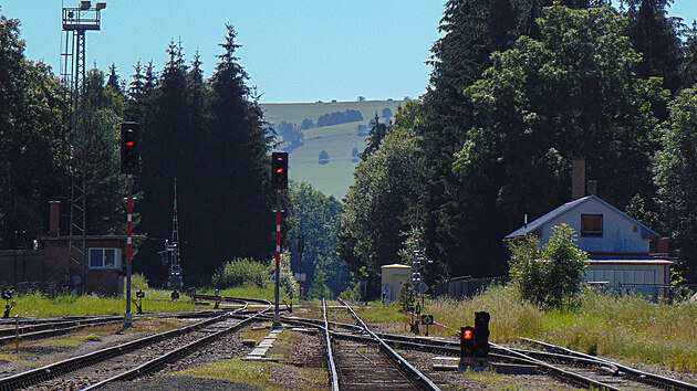 Kolejiště stanice Dolní Lipka. Vlevo odbočuje trať do Hanušovic, rovně vede trať do Králík a Štítů.