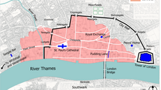 Mapa vnitního Londýna, jak vyhlíel roku 1666. Rovou barvou je vyznaena...