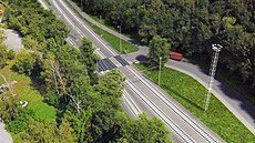 Vizualizace dvoukolejné trati za Rosicemi nad Labem smrem na Stéblovou