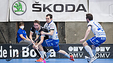 Momentka z utkání semifinále play-off florbalové Livesport Superligy mezi...