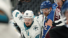 Tomá Hertl ze San Jose (vlevo) a Gabriel Landeskog z Colorada sledují, kde...