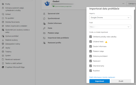 Import dat z Chrome do Edge