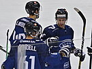 Fintí hokejisté oslavují vedoucí gól Axela Rindella v zápase s eskem.