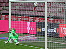 Plzeský branká Jindich Stank inkasuje z penalty v ligovém zápase na Spart.