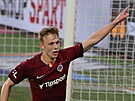 Sparanský mladík Adam Karabec slaví gól v utkání proti Plzni.