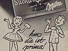 Reklamní plakát z roku 1959, graficky jednoduchý. Milka je prima!