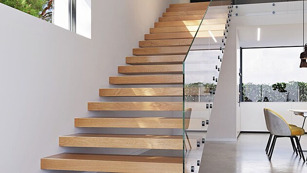 Dřevěné schodnice vzbuzují dojem robustnosti a bezpečí, přesto schodiště Wing prostor svou hmotností nijak nezatěžuje.