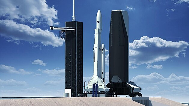 Oficiální obrázek Falconu Heavy s prodlouženým krytem a obslužnou věží pro vertikální integraci nákladu.