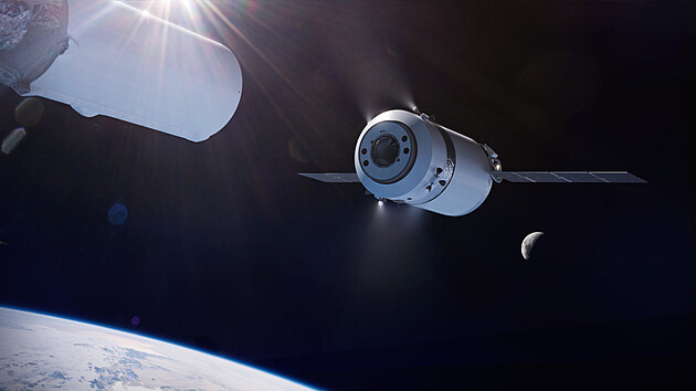 Ilustrační obrázek kosmické lodi Dragon XL po odpojení od druhého stupně Falconu Heavy.