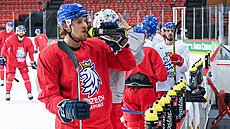 Útočník hokejového národního týmu Jiří Smejkal se občerstvuje během prvního...