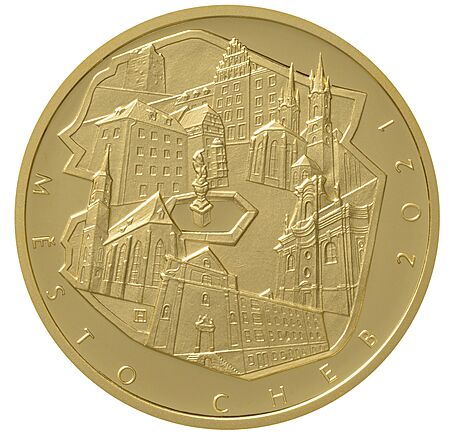Rub zlaté mince s motivem Mstské památkové rezervace Cheb otevírá ptiletý...