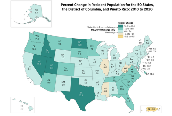 Demografické změny v jednotlivých státech USA podle sčítání z roku 2020....