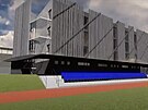 Tribuna u Tyr�ova stadionu a p��stavba s ubytov�n�m.