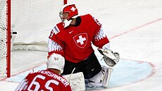 �výcarský branká� Leonardo Genoni sleduje puk, který po st�ele Filipa Chytila...