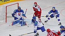 Slovenský branká Július Hudáek (vlevo) zasahuje proti dánské stele.