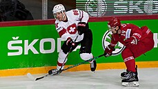 výcarský hokejista Christoph Bertschy hledá spoluhráe, v akci mu brání...